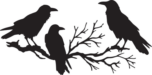 flock of raven bird sitting on tree branch silhouette vector art illustration
