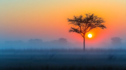 Obraz premium A solitary tree silhouetted against a vibrant sunrise through a misty landscape.