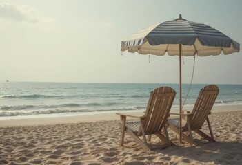  A Serene Seascape Featuring Classic Beach Furniture under a Warm, Vintage Inspired Filter