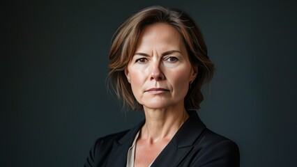 A confident woman in a blazer exudes professionalism and serious determination.
