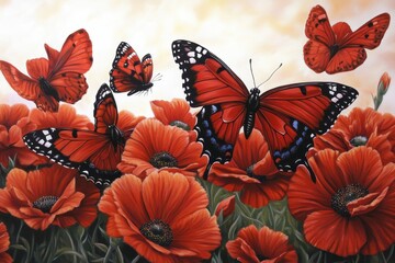 A vibrant scene featuring red butterflies fluttering over bright red poppy flowers, evoking a sense of beauty and nature's harmony.