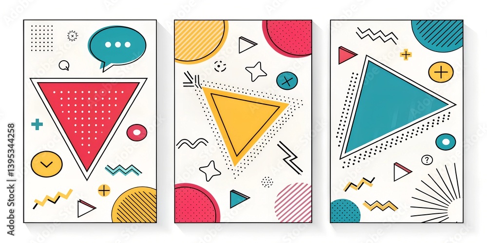 Poster vibrant pop art banners showcasing geometric shapes and playful patterns in flat design style colorf