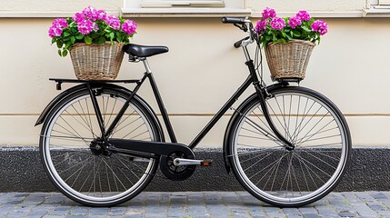 Vintage Bicycle with Flower Baskets Against Urban Background