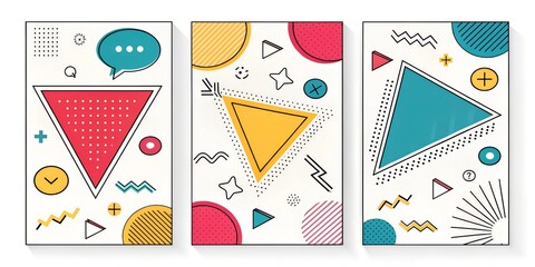 Vibrant pop art banners showcasing geometric shapes and playful patterns in flat design style colorful, elements, triangles, circles, patterns, creative, graphics, contemporary