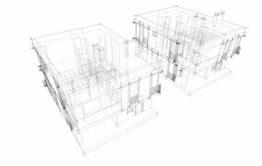 Modern Architectural Wireframe Sketch – Blueprint of Contemporary Building 3d rendering