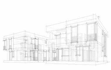 Modern Architectural Wireframe Sketch – Blueprint of Contemporary Building 3d rendering