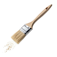 paintbrush with wooden handle and bristles, releasing cloud of paint or powder, symbolizes creativity and artistic expression