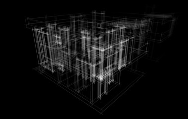Modern Architectural Wireframe Sketch – Blueprint of Contemporary Building 3d rendering