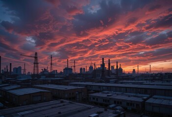 Naklejka premium Dramatic Evening Skies Over the Edgy Industrial Area of a Large City
