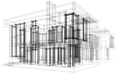 Modern Architectural Wireframe Sketch – Blueprint of Contemporary Building 3d rendering