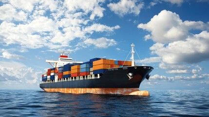 Cargo ship on the open sea, loaded with containers.