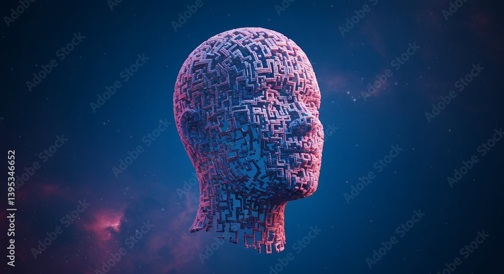 Poster abstract digital human head emerges in a futuristic galaxy, symbolizing advanced technology and arti