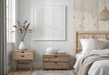  Side Angle White Photo Frame in a Scandinavian Bedroom with Wooden Bedside Table, Knitted Blanket Simple Decor