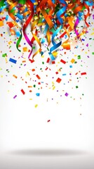 Fototapeta premium Colorful streamers and confetti cascade from above, creating a festive atmosphere perfect for celebrations and parties.