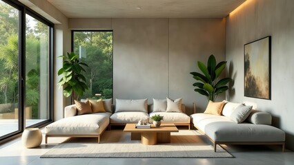 Fototapeta premium Modern Sectional Sofa in Sunlit Minimalist Living Room with Natural Greenery and Abstract Artwork