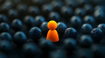 An orange figure stands out amidst a multitude of dark spheres.