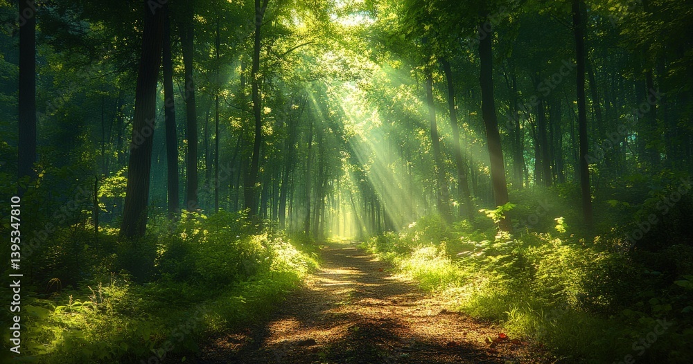 Poster Sunlight filtering through trees creates enchanting forest path