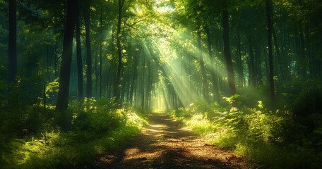 Obraz premium Sunlight filtering through trees creates enchanting forest path