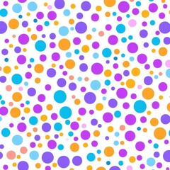 A vibrant pattern featuring colorful circles in various sizes, set against a white background, creating a playful and cheerful visual effect.