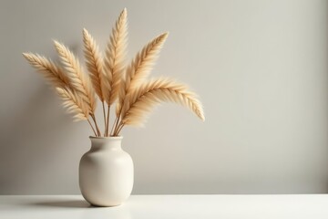 A serene arrangement of pale, dried floral stems in a simple, round vase on a minimalist white surface against a muted background