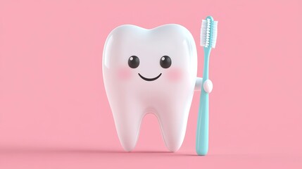 Happy cartoon tooth holding toothbrush on pink background. (2)