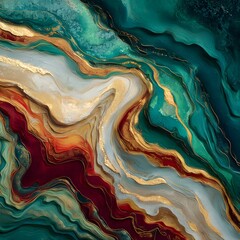 Abstract Fluid Art Featuring Vibrant Turquoise Swirls and Earth Tones with Dynamic Gold and Red Patterns - Modern Design for Captivating Home Wall Decor