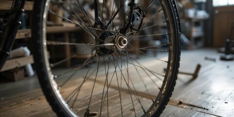  Soft Lit Workshop Focusing on a Partially Restored Bicycle Wheel