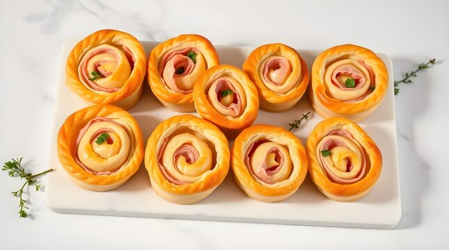 Crispy puff pastry pinwheels filled with ham and herbs, neatly arranged on a clean white marble slab with light shadows