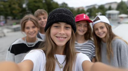 Obraz premium School pupils having blast together in summer, spontaneous selfie capturing joy, friends selfie, young people, skate park, summer fun, friendship concept, college students, teenagers, urban hangout,