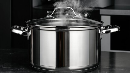 Stainless Steel Pot with Steam on Kitchen Countertop