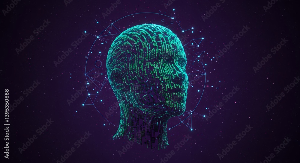 Poster futuristic artificial intelligence head concept with digital circuitry and neural network connection