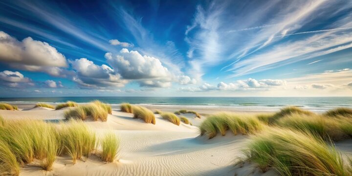 Serene Coastal Dunescape  White Sand, Rolling Hills of Beach Grass, and a Calm Ocean Under a Vivid Sky