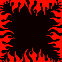 Flame, fire, bonfire. Square frame with red fire in a circle on a black background