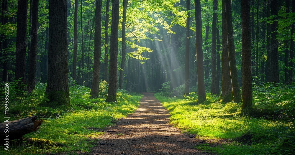 Poster Sunbeams illuminating green forest path surrounded by trees