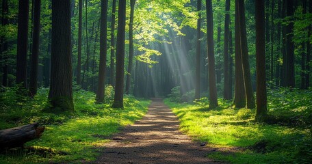 Sunbeams illuminating green forest path surrounded by trees