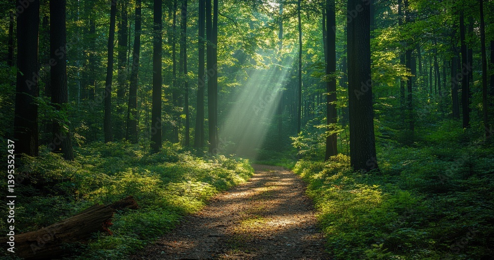 Poster Sunlight filtering through trees illuminating forest path