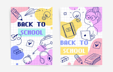 Obraz premium Back to school vertical poster with student character, laptop, spiral notebook, ideas and school supplies on pastel grid background