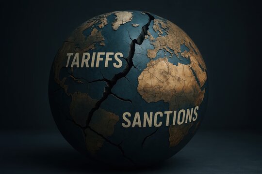A cracked globe labeled 'tariffs', 'sanctions', symbolizing economic crisis and global impact.