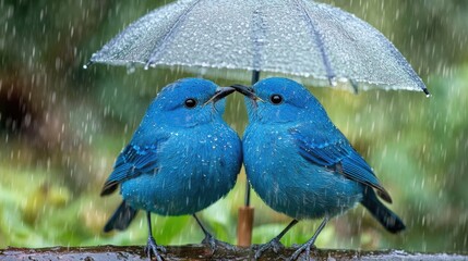 Two blue birds under umbrella in the rain