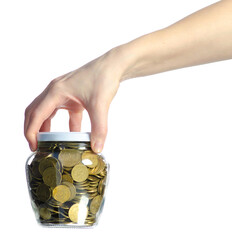 Glass jar of gold coins in hand on white background isolation