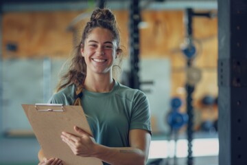 Smiling Female Coach with Clipboard in Gym Class