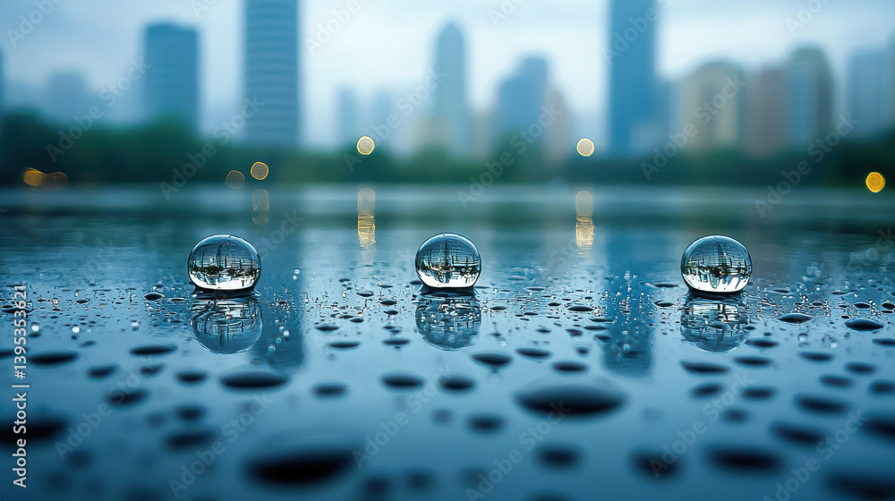Poster reflections of skyscrapers captured in raindrops on a smooth surface with a cloudy sky backdrop