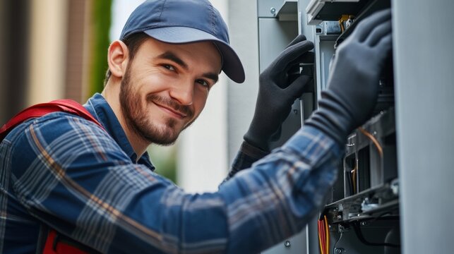 Happy Electrician Working on Electrical Panel - Powered by Adobe