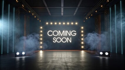 A modern stage setup featuring dramatic lighting and fog, with a prominent "COMING SOON" sign, creating an anticipatory atmosphere.