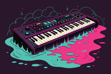 Create a vibrant, super bold vector illustration of a retro synthwave keyboard melting, dripping with neon colors and showcasing a futuristic, 80s-inspired aesthetic.