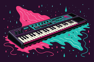 Create a vibrant, super bold vector illustration of a retro synthwave keyboard melting into a vibrant, neon-colored liquid.  Emphasis on detail and 80s aesthetics.