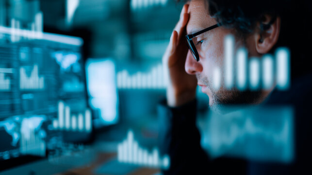 Gestresster Analyst bei der Auswertung von Finanzdaten &ndash; Wirtschaftskrise, B&ouml;rsencrash und Datenflut, B&ouml;rse, Krise, Crash