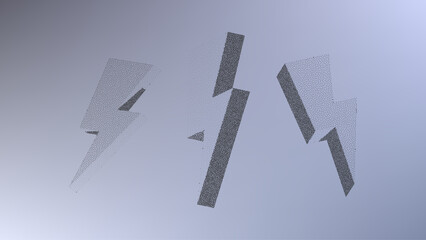Dotwork pattern lightning strike symbol. Black noise stipple dots sign. Sand grain effect. Black dots grunge banner, poster. 3d symbol from different angles. Grainy gradient noise dotwork pattern.