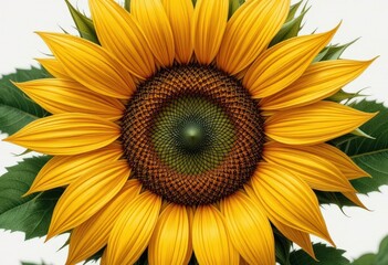 Fototapeta premium An incredibly detailed close up of a sunflower, rendered in a precise botanical illustration style with rich, dark green foliage.