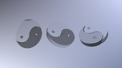 Dotwork pattern balance symbol. Black noise stipple dots yin yang sign. Sand grain effect. Black dots grunge banner, poster. 3d symbol from different angles. Grainy gradient noise dotwork pattern.